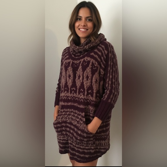 FREE PEOPLE Purple Mauve Rosie Lee Cowl Neck Chunky Oversized Poncho Sweater S - Picture 1 of 10